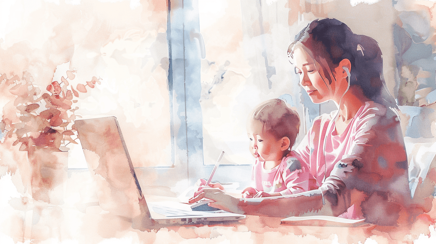 Woman juggling work and baby on lap, representing the multitasking challenges of ADHD in motherhood