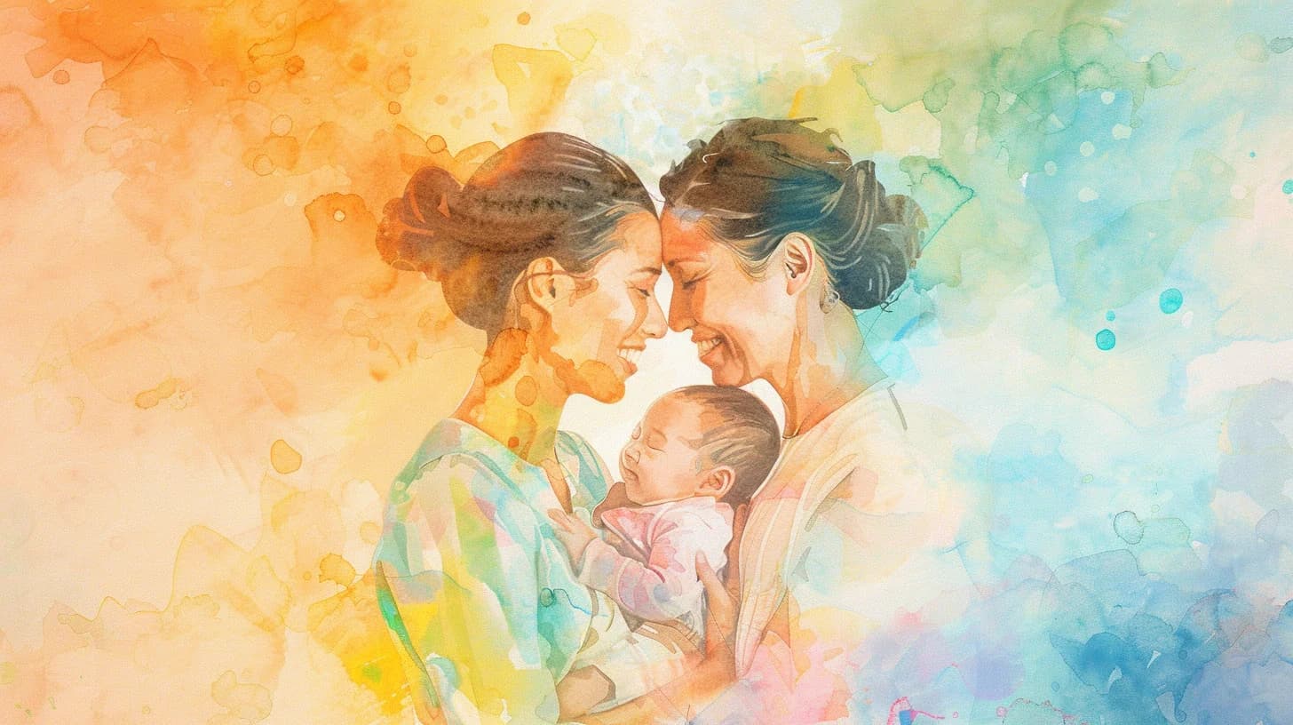 Watercolor of partners supporting each other with their baby