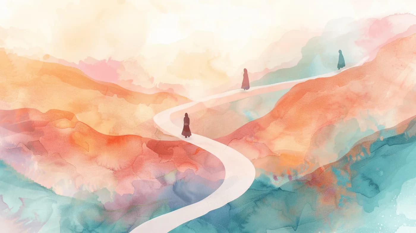 Woman on a winding path shown at different stages of her journey