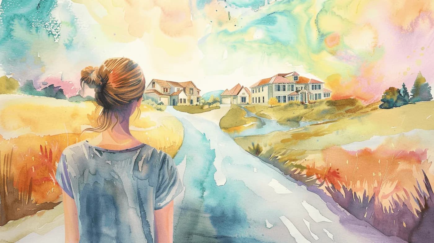 Woman standing at a crossroads between two paths, deciding which way to go