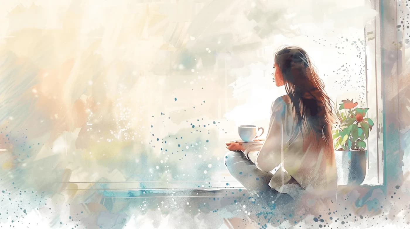 Woman sitting quietly by a window with rain outside, reflecting on how she feels