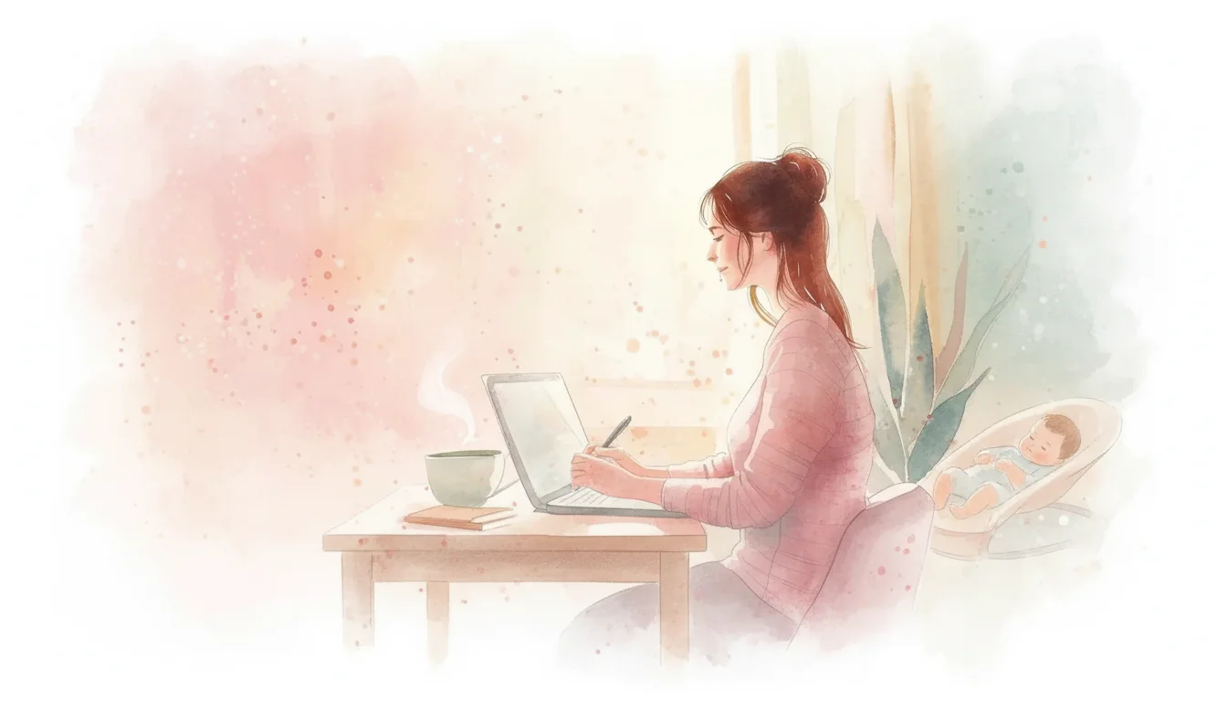 New mother calmly filling out a questionnaire on a clipboard at her kitchen table