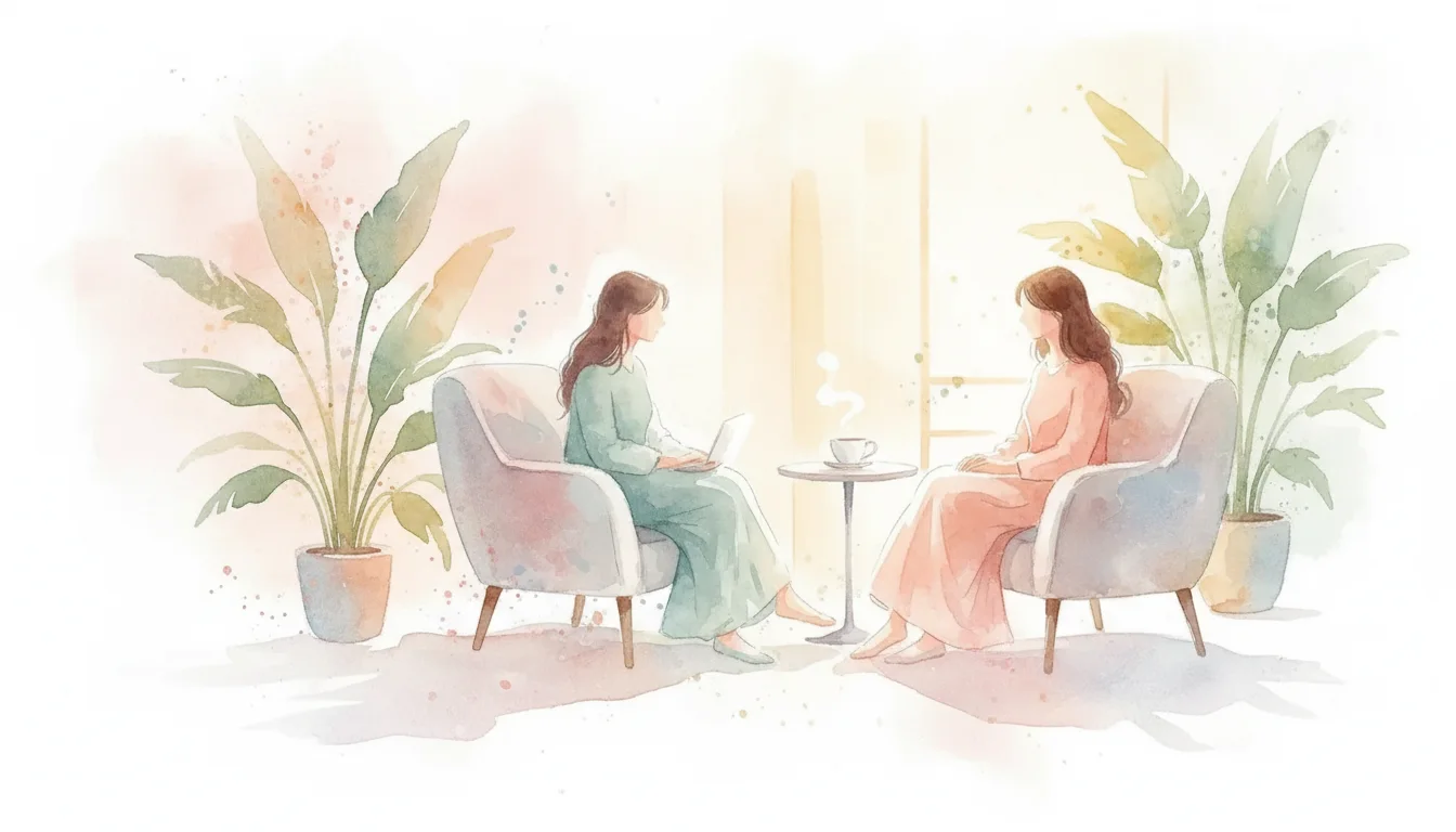 Watercolor of a calm first postpartum therapy session
