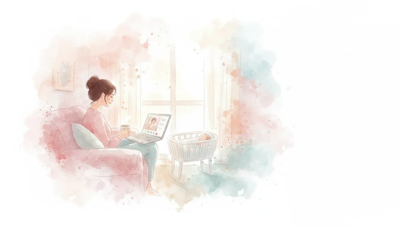 Watercolor of a mother in an online postpartum therapy session