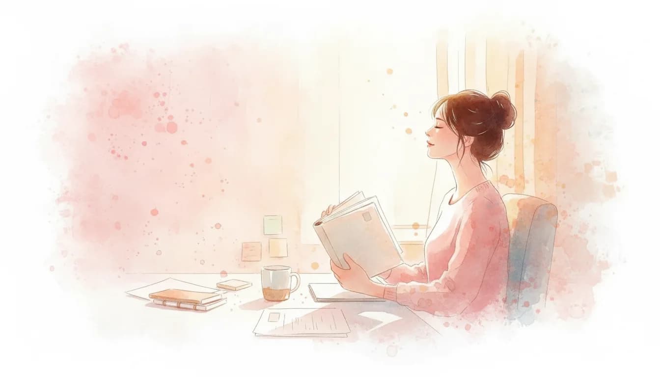 Woman gently closing her planner and setting down her pen, choosing to let go